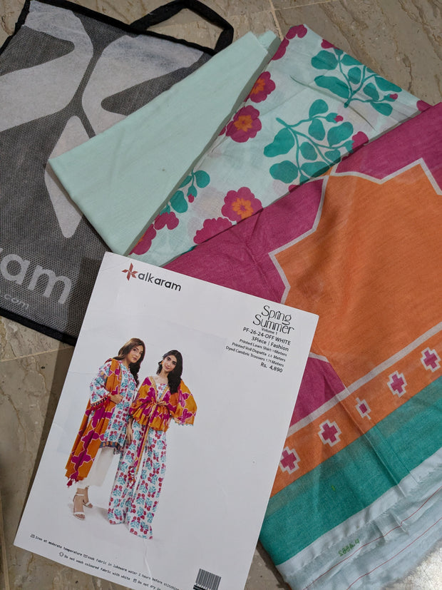 ALKARAM | Printed Lawn | 3 Piece | Unstitched | PF-26-24-OFF WHITE